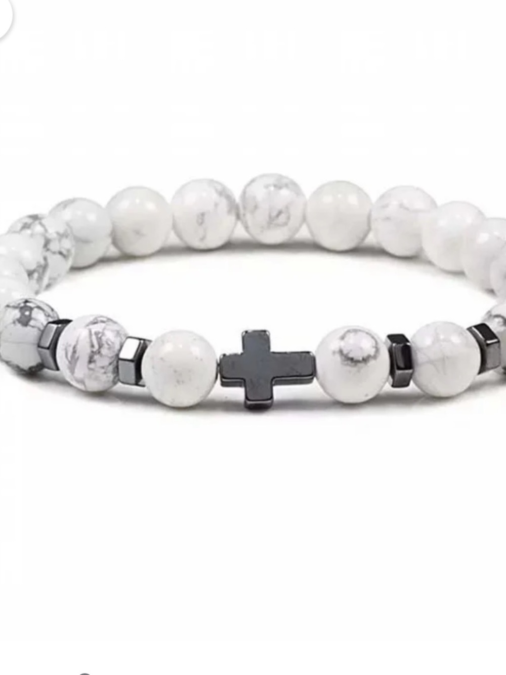 #2679**Unisex’s White Howlite Beaded Bracelet with Black Cross